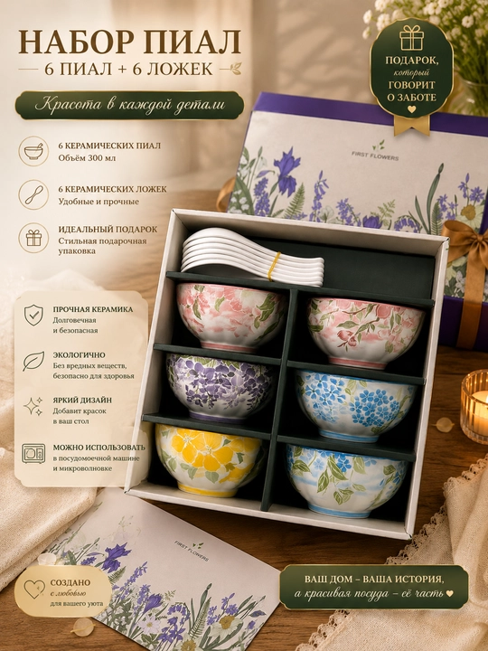 "Spring Bouquet" premium seriyasidagi nafis gul naqshli chinni piyolalar to‘plami - 
