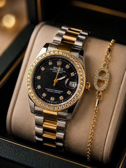 Женские наручные часы Rolex Datejust, зеленый циферблат, браслет в подарок — MYESSEL-ROLEX5-ЧЕРН