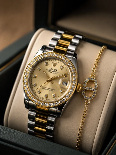 Женские наручные часы Rolex Datejust, зеленый циферблат, браслет в подарок — MYESSEL-ROLEX5-ЗОЛОТ