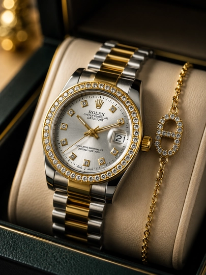 Женские наручные часы Rolex Datejust, зеленый циферблат, браслет в подарок — MYESSEL-ROLEX5-БЕЛЫЙ
