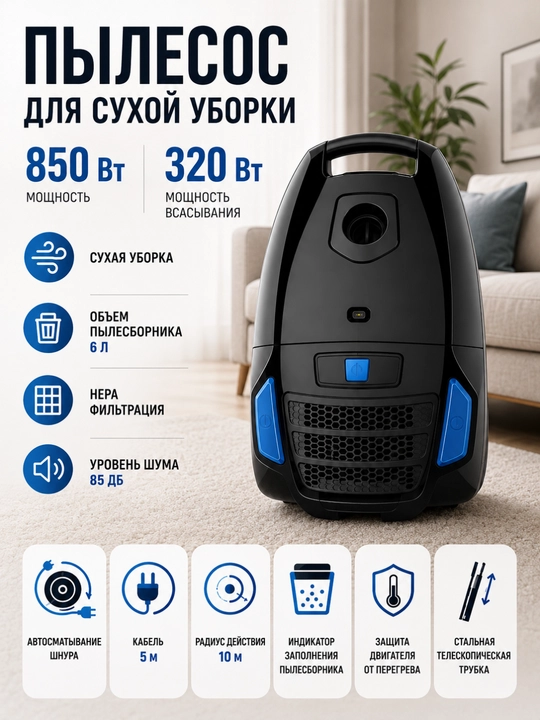 Пылесос Bench BVC-M22B32DB, 2200 Вт, 320 Вт, 6 л, HEPA, с мешком - 