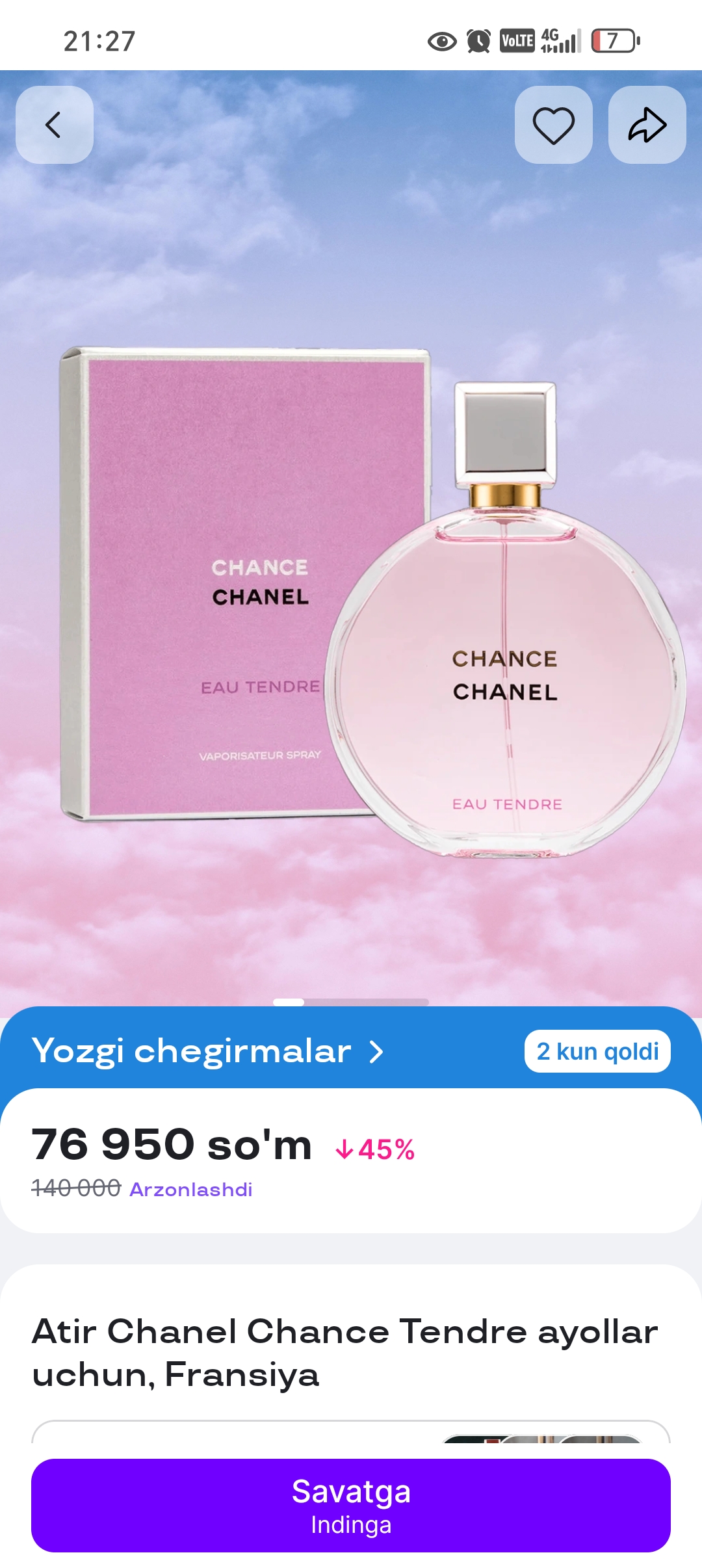 Atir Chanel Chance Tendre ayollar uchun, Fransiya