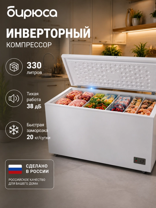 Вместительный морозильный ларь Бирюса 355KVS, объем 330 л, инверторный компрессор - 