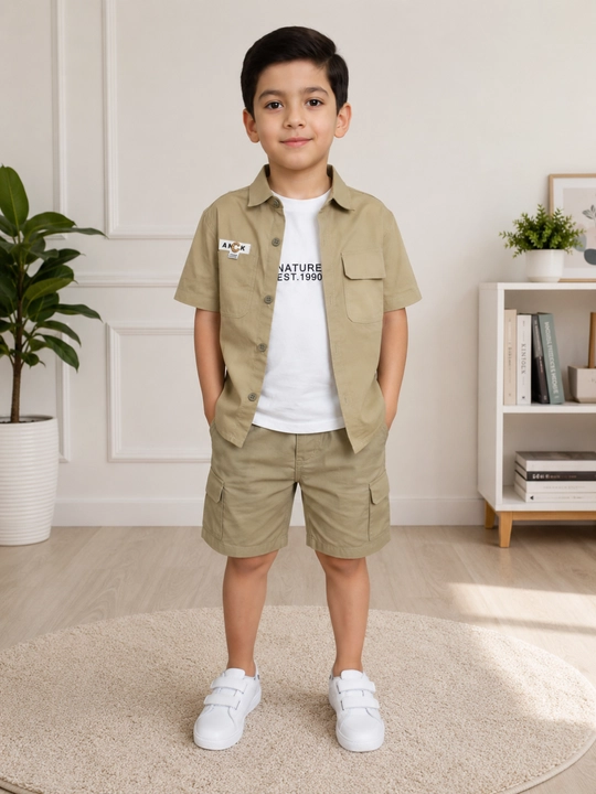 Летний комплект для мальчиков, футболка шорты, kids summer set, бежевый костюм