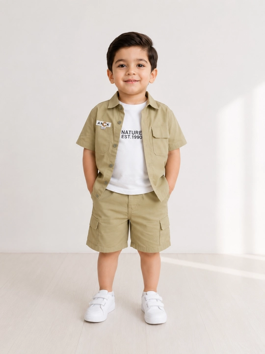 Летний комплект для мальчиков, футболка шорты, kids summer set, бежевый костюм