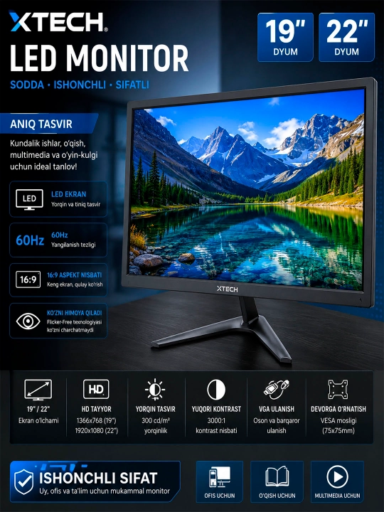Monitor Xtech 19" 22" dyumlik 60Hz LED office monitor
