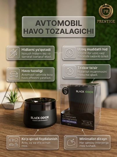 Ароматизатор автомобильный BLACK ODOR гелевый освежитель воздуха в машину, 50г — PREST01-BLECKODOR02-QULUPNA