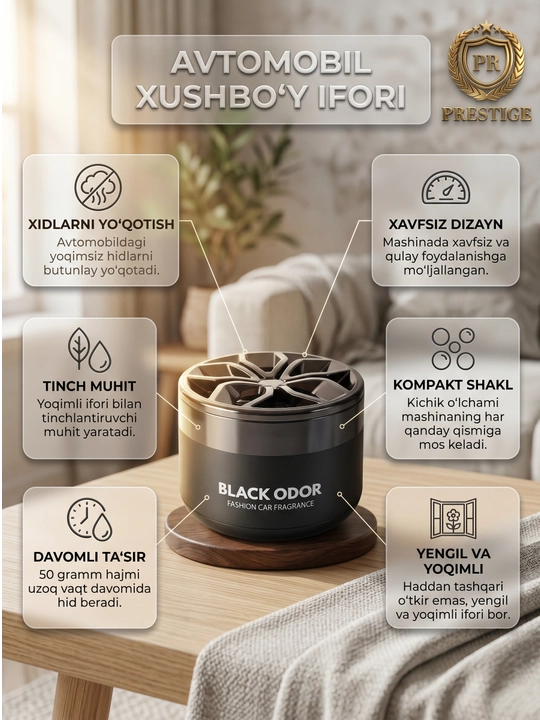 Avtomobil havo tozalagichi BLACK ODOR gel aromatizator qulupnay va saqich hidi, 50g