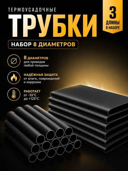 Termousadka trubkalar to'plami qora rang, d6,10,12,14,16,18,20,25, 3 o'lchamda - 