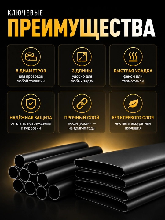 Набор термоусадочных трубок чёрный, d6,10,12,14,16,18,20,25, 3 размера
