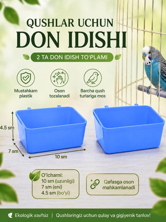 Qushlar va to'tiqushlar uchun don va suv idishi to'plami, 2 dona - 