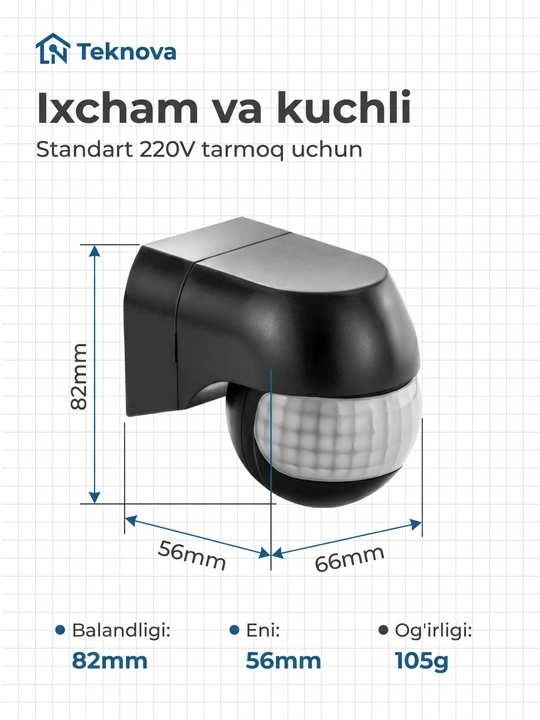 Harakat sensori 180° 12m IP44 800W CE shift uchun, vaqt sozlanadi