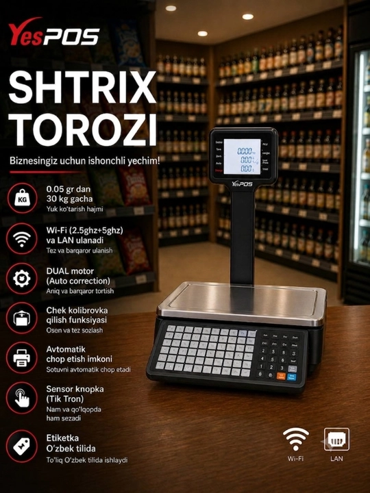 Dokon uchun Elektron Shtrix Tarozi 30 kg, Etiketka Printerli Tarozi