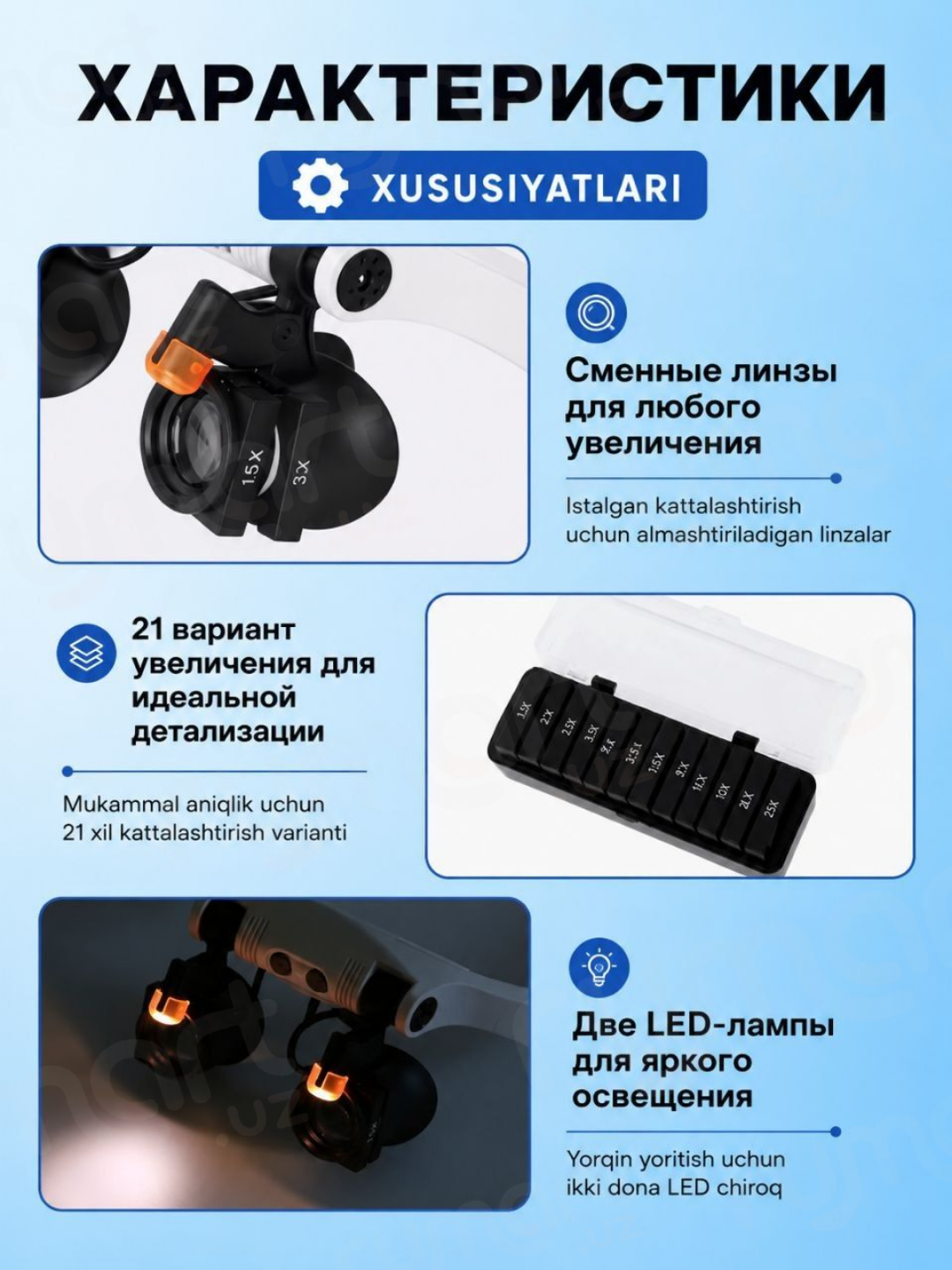 Binokulyar lupa ko‘zoynak boshga taqiladigan yoritgichli, 12 ta linza, 25x kattalashtirish
