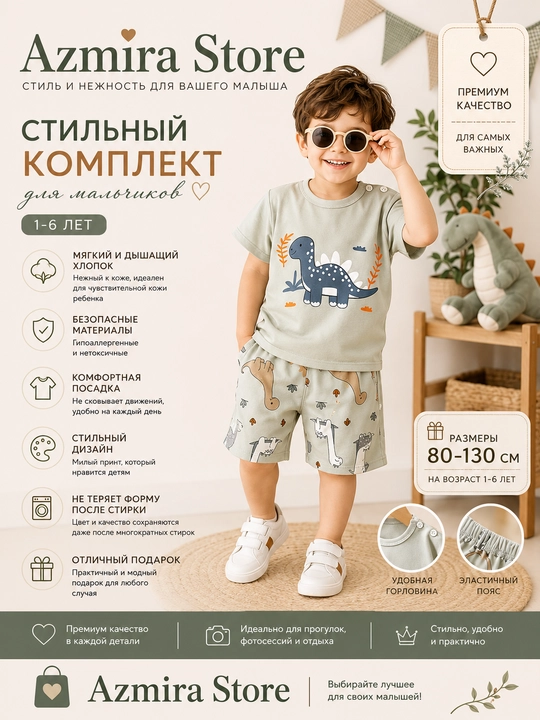 Детский комплект для мальчиков «Динозавр» — Azmira Store