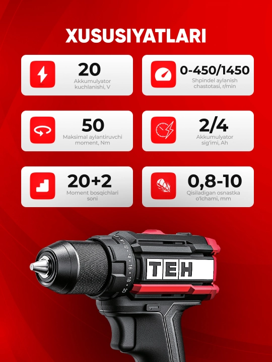 TEH LD106 akkumulyatorli drel (cho‘tkasiz), 20 V, 50 Nm, 0-450/0-1450 ayl/daq
