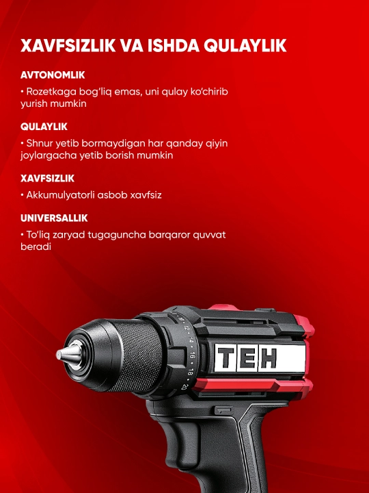 TEH LD106 akkumulyatorli drel (cho‘tkasiz), 20 V, 50 Nm, 0-450/0-1450 ayl/daq