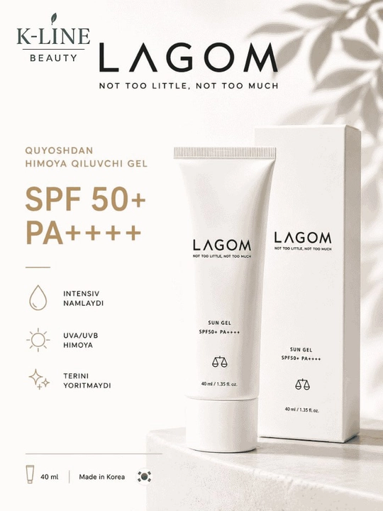 LAGOM SPF50+ PA+++ Sun Gel - Koreya Quyoshdan Himoya Kremi, namlaydi va tez singadi, 40 ml - 