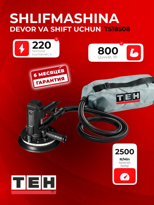 Professional kuchli silliqlash dastgohi TEH TS18508, 2500 aylanish tezligi, 800 Vt, 180 mm
