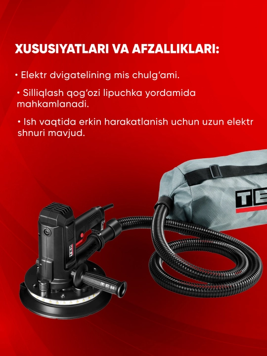 Professional kuchli silliqlash dastgohi TEH TS18508, 2500 aylanish tezligi, 800 Vt, 180 mm
