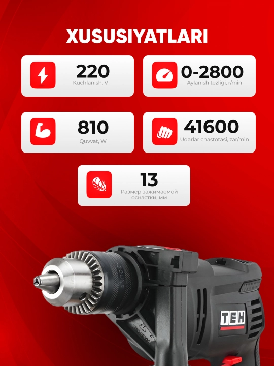 Zarbli drel TEH TD1308A, 810 Vt, 2800 ob/min, 41600 ud/min