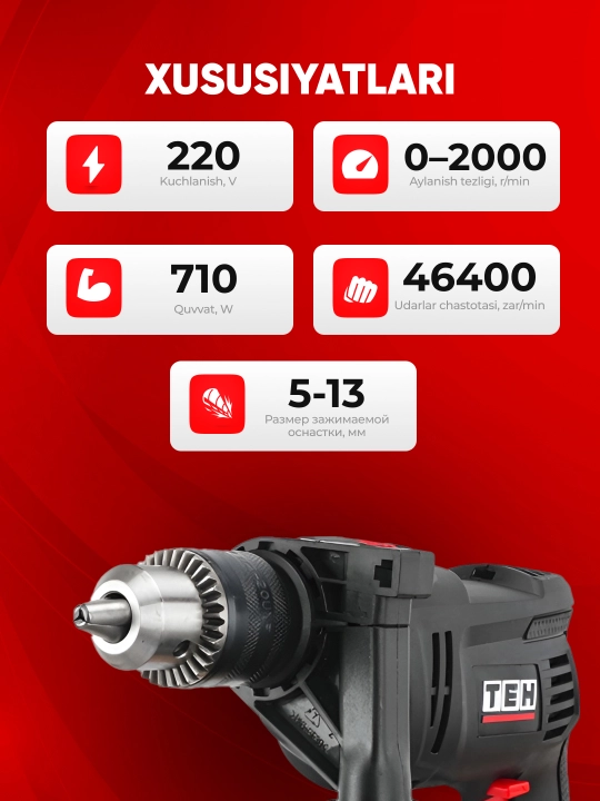 Zarbli drel TEH TD1307A, 710 Vt, 3000 ob/min, 48000 ud/min