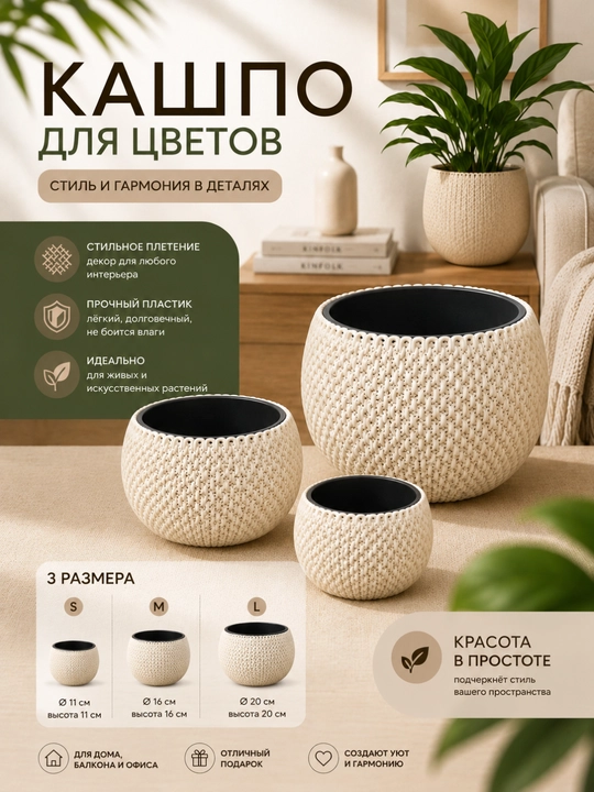 Кашпо декоративное с внутренней вставкой, плетёный дизайн, для дома и офиса