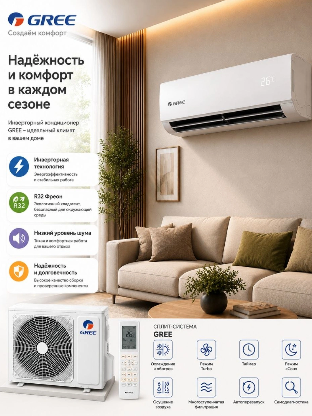 Настенный кондиционер GREE 12 COSMO WHITE - современное и надежное решение за 5595000 сум со скидкой 63%. Uzum Market