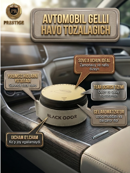 Avtomobil gelli aromatizatori BLACK ODOR uy va mashina uchun havo tozalagich, 100g