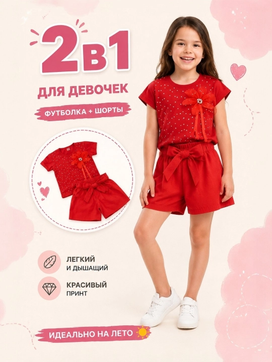 Летний комплект для девочек: футболка и шорты с принтом мишки, 3-5 лет