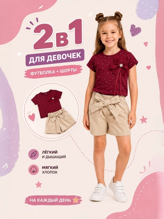 Летний комплект для девочек: футболка и шорты с принтом мишки, 3-5 лет