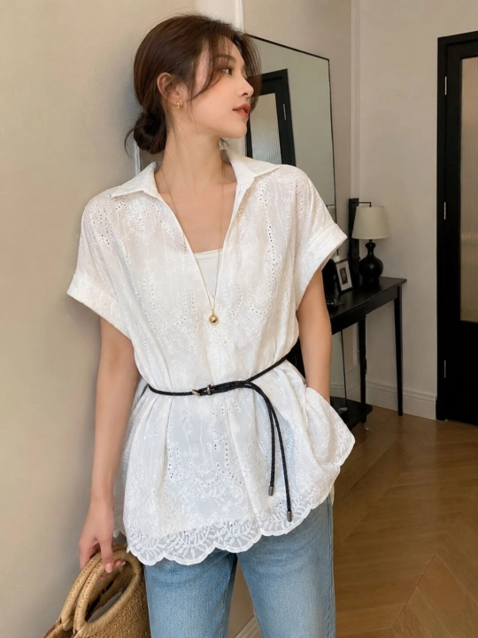 Ayollar uchun paxtali kashtali bluzka, yozgi oq ko‘ylak, belbog‘li oversize model