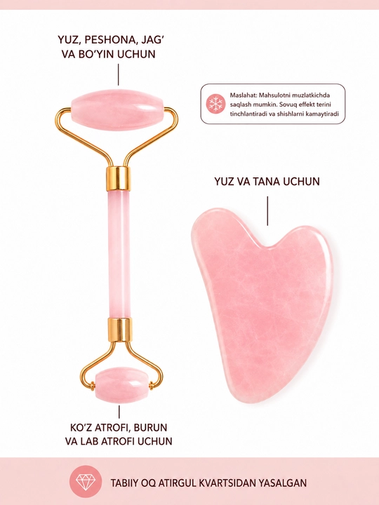 Atirgul kvars massaj to‘plami 2 tasi 1 da – Gua Sha qirg‘ich va yuz massaj rulosi