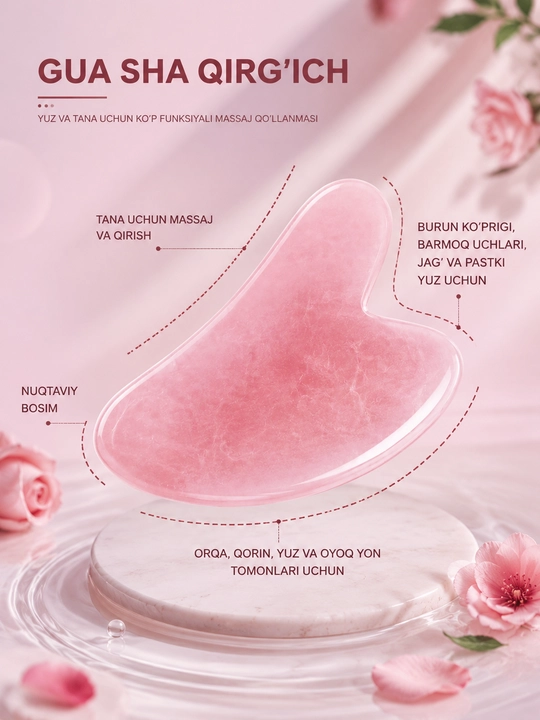 Atirgul kvars massaj to‘plami 2 tasi 1 da – Gua Sha qirg‘ich va yuz massaj rulosi