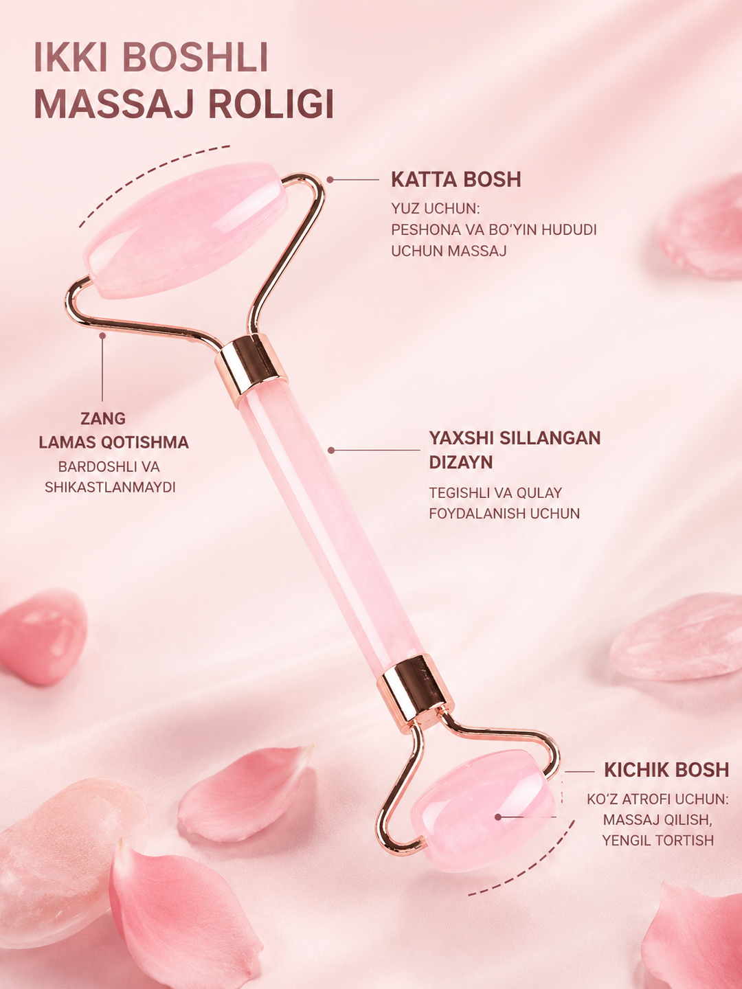 Atirgul kvars massaj to‘plami 2 tasi 1 da – Gua Sha qirg‘ich va yuz massaj rulosi