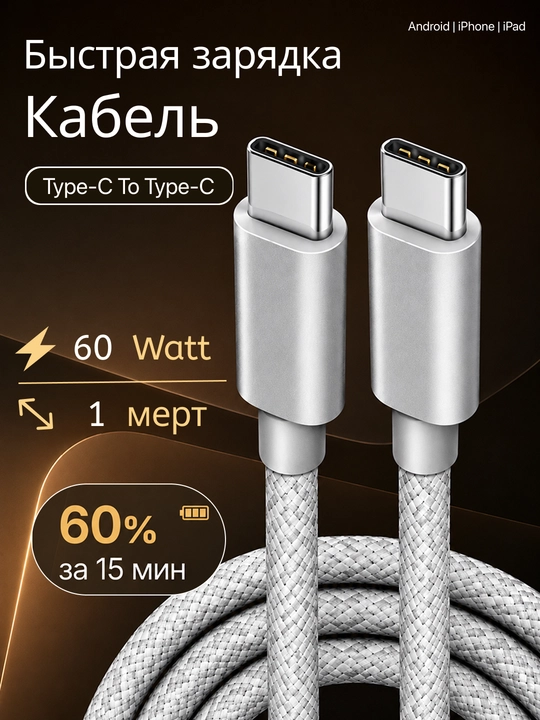 Кабель USB Type-C – Type-C, 60W, 6A, для быстрой зарядки и передачи данных, 1 м - 