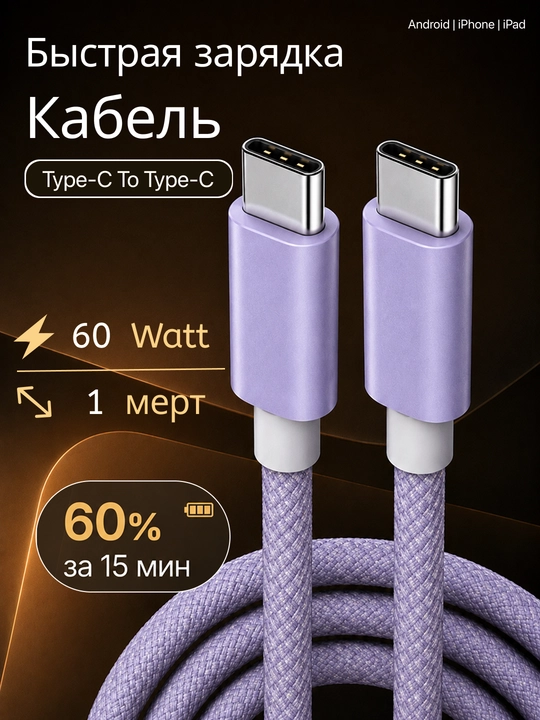 Кабель USB Type-C – Type-C, 60W, 6A, для быстрой зарядки и передачи данных, 1 м - 