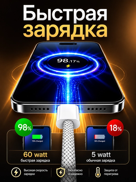 USB Type-C – Type-C kabel, 60W, 6A, tezkor zaryadlash va ma'lumot uzatish uchun, 1 m
