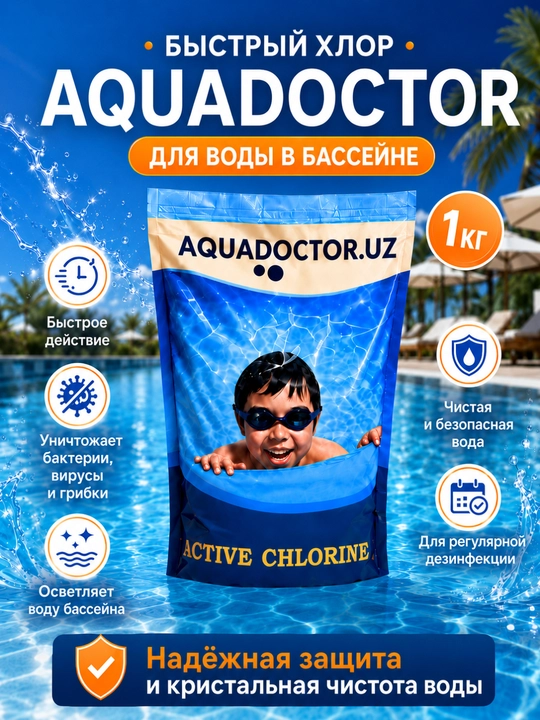 Xлор 90% AQUADOCTOR для бассейна, 1 кг, химия, дезинфекция воды - 