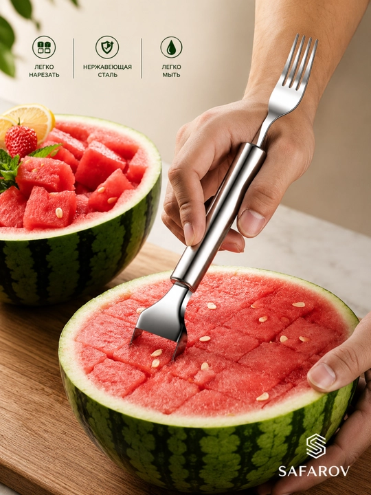 Tarvuz uchun 2 tasi 1 da pichoq-vilka zanglamaydigan po‘latdan, meva, tarvuz va mango kesgich