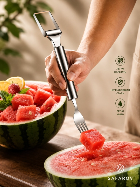 Tarvuz uchun 2 tasi 1 da pichoq-vilka zanglamaydigan po‘latdan, meva, tarvuz va mango kesgich