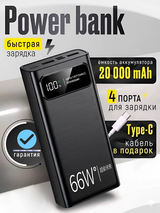 Внешний аккумулятор Power Bank, 66-22.5W, 20000mA, с быстрой зарядкой, 22.5w
