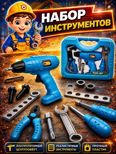 Игрушечный набор строительных инструментов для детей, безопасные, игрушечные — HPJY-INSTRUM-ГОЛУБ