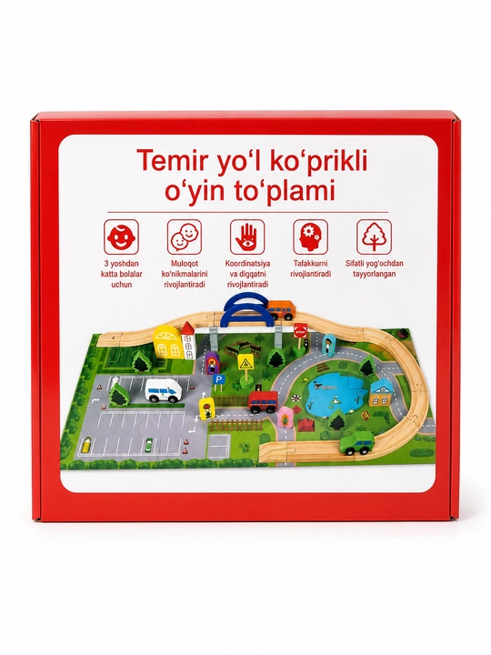 Temir yo‘l ko‘prikli o‘yin to‘plami, mashina, poyezd yo‘li va shahar maydoni bilan