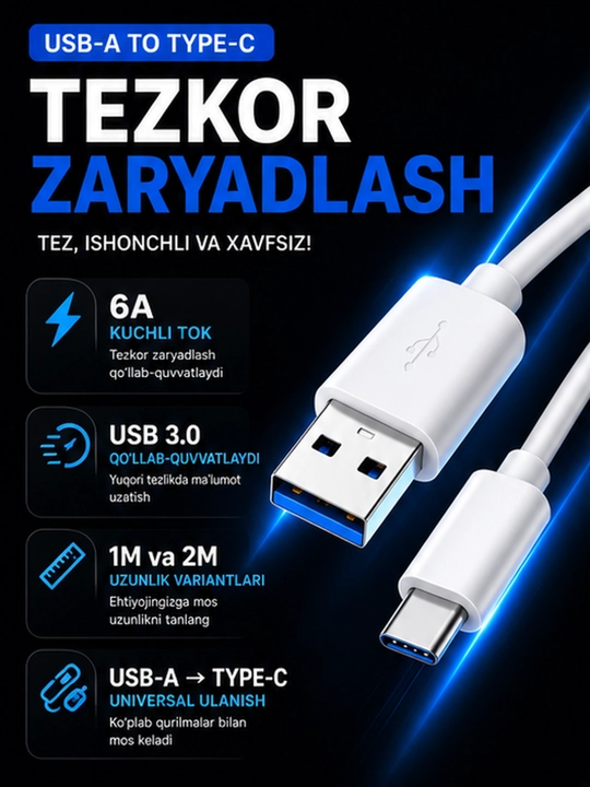 SB Type-C 3.0 kabeli, 6A, 1-1,5-2 metrli, tez zaryadlash va ma’lumot uzatish uchun