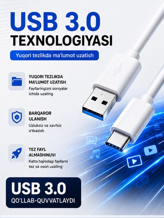SB Type-C 3.0 kabeli, 6A, 1-1,5-2 metrli, tez zaryadlash va ma’lumot uzatish uchun