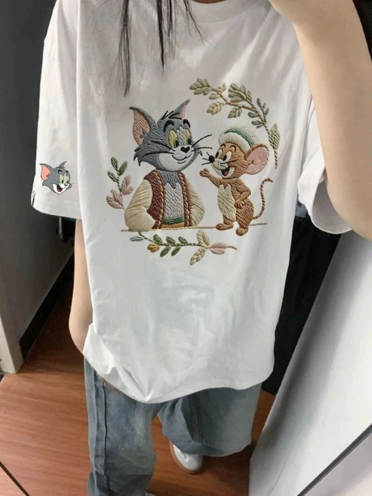 Ayollar futbolkasi, katta o‘lchamli — Tom and Jerry printli oversize, 95% paxtali