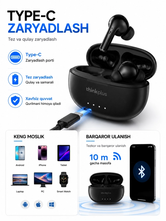 Lenovo LP5pro TWS simsiz quloqchinlar mikrofon bilan, bluetooth sport naushnik