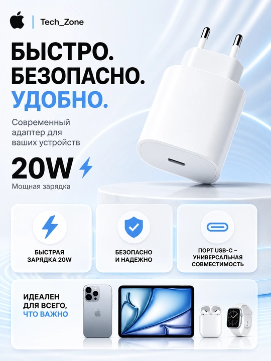 Блок питания iPhone 20W USB-C Быстрый и мощный