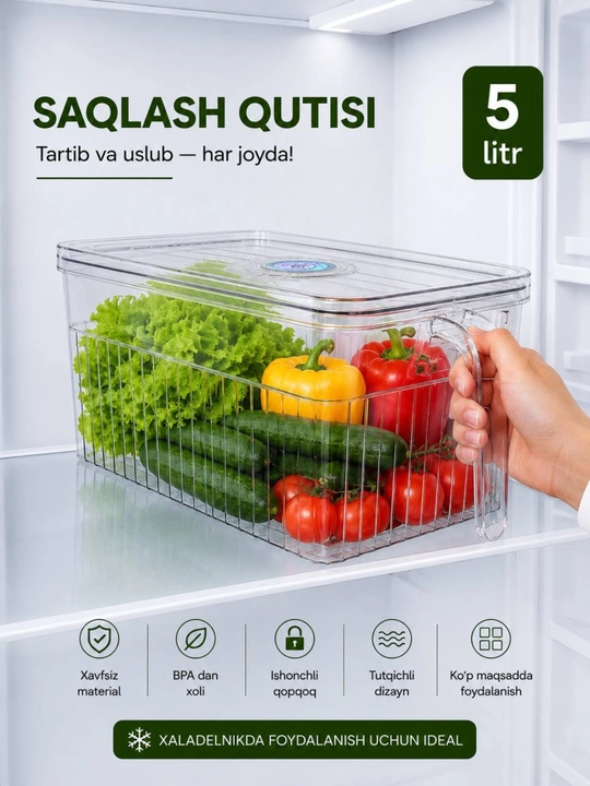 Ko‘p maqsadli saqlash qutisi qopqoqli 3.5L / 5L / 5.5L muzlatgich organizatori - 